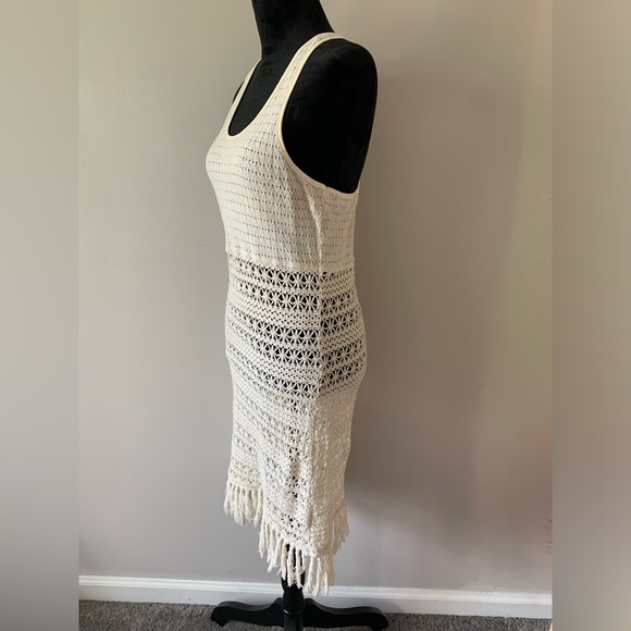Solitaire Swim Crochet Fringed Cream Cotton Swim Coverup - Picture 2 of 14